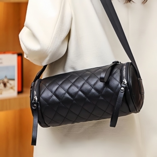 单肩斜挎大号牛皮菱格圆桶包 大容量时尚 香港正品 真皮女包2025新款