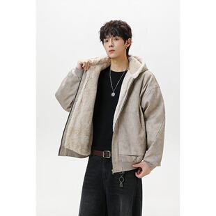 男士秋冬加绒保暖棉衣新款复古座山雕鹿绒皮棉服青年加厚夹克外套