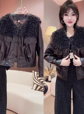 羊羔毛披肩PU皮时髦短外套夹克女
