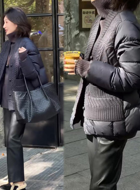 针织拼棉服外套+PU皮裤两件套