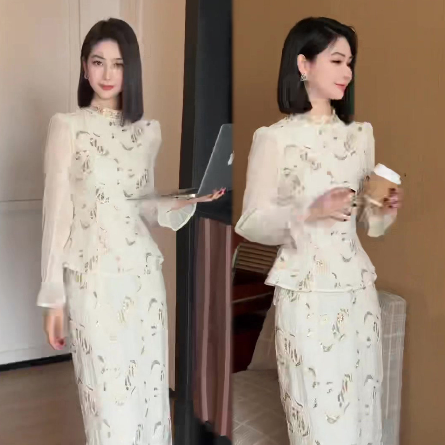 田园风减龄套装裙2026春季新款重工亮片上衣+高腰包臀半裙两件套