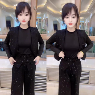 新款 女2025冬季 后背蝴蝶结马甲 高领打底衫 亮晶晶时尚 阔腿裤 套装