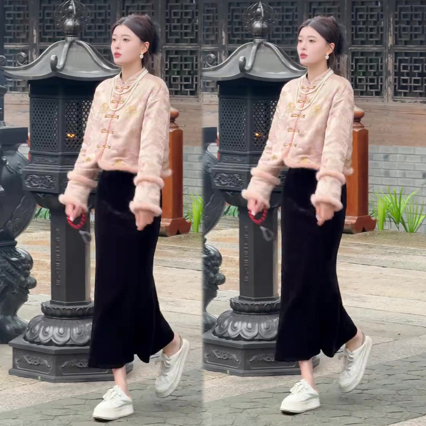 新中式时尚套装裙冬季新款毛毛拼接外套+高腰丝绒半身裙两件套装,女装/女士精品,时尚套装,淘宝优惠券,粉丝福利购,淘宝优惠卷