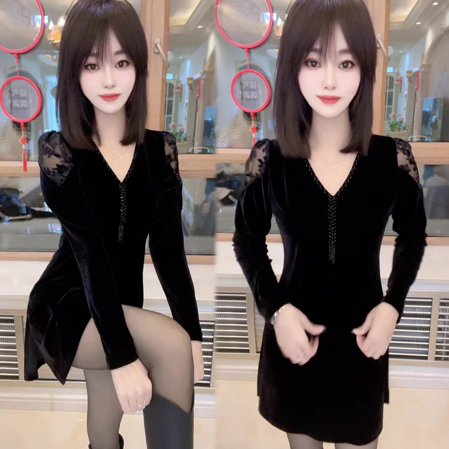 轻奢串珠V领丝绒连衣裙女2026秋冬新款成熟气质侧开叉短裙女裙子