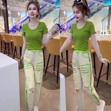 欧货时尚潮流套装女2025年夏季新款百搭显瘦短袖上衣+破洞牛仔裤
