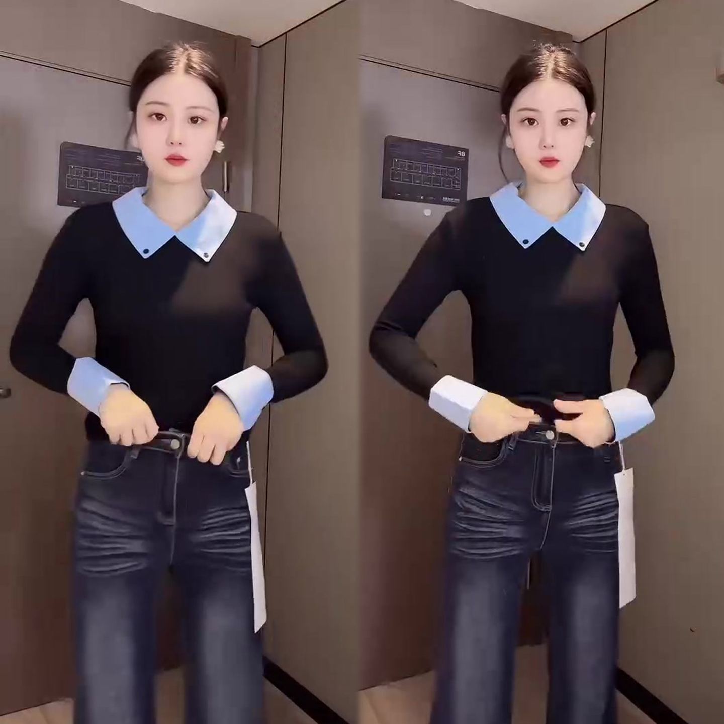 拼接撞色翻领小衫女2025冬季新款韩版时尚洋气遮肉显瘦网红款上衣