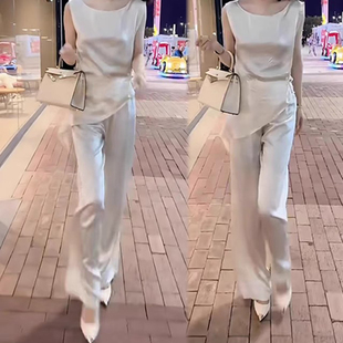 气质优雅时尚高级感套装女夏季新款轻奢无袖T恤高腰休闲裤两件套