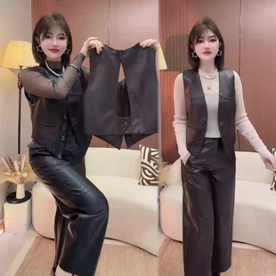休闲时尚套装女2026春季新款PU皮无袖马甲+高腰韩版阔腿裤两件套