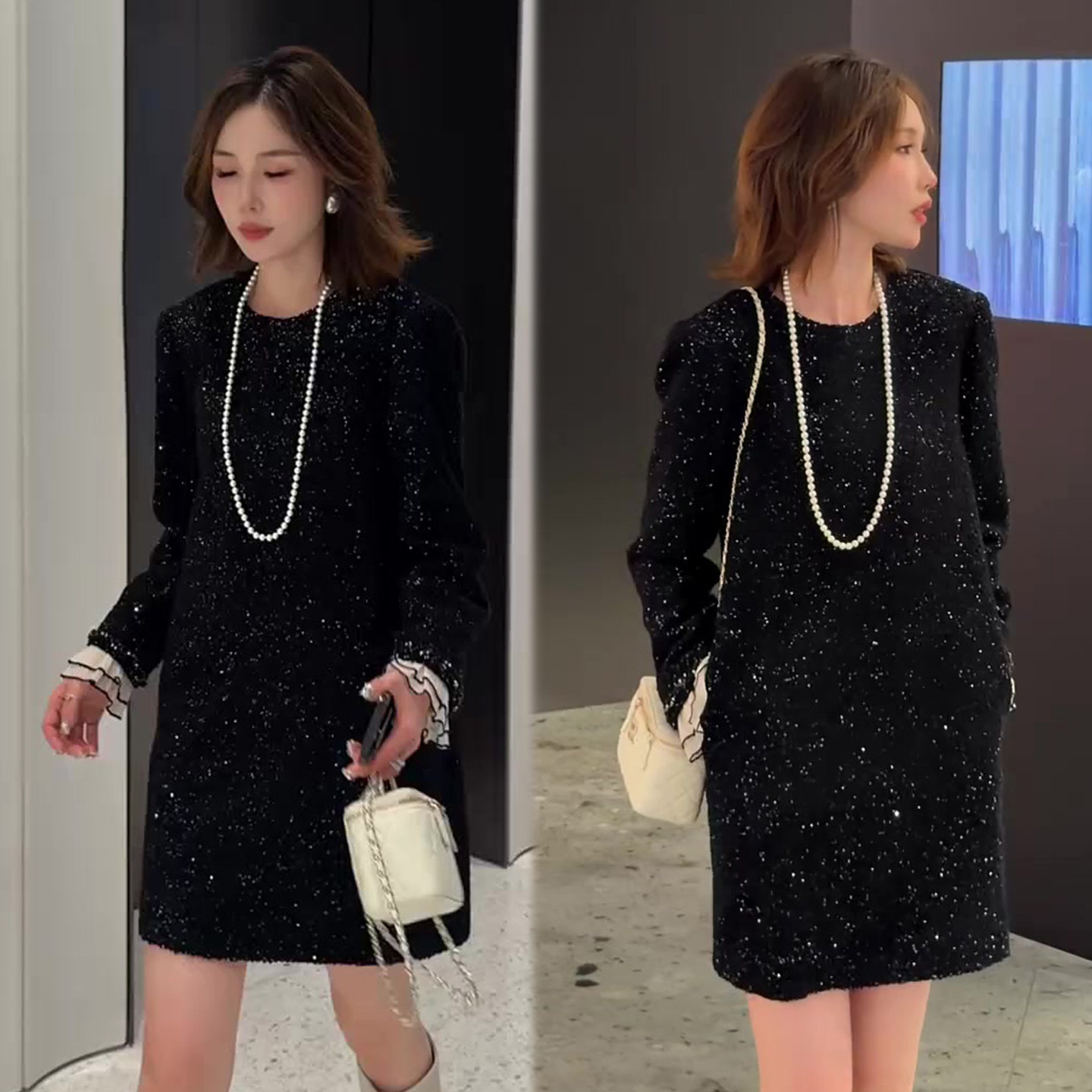 亮晶晶千金风连衣裙女2026秋冬季新款圆领网纱喇叭袖中长裙女裙子