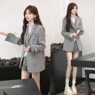 新款 通勤风外套 吊带 韩版 三件套装 女2026春季 花边短裤 高级感套装