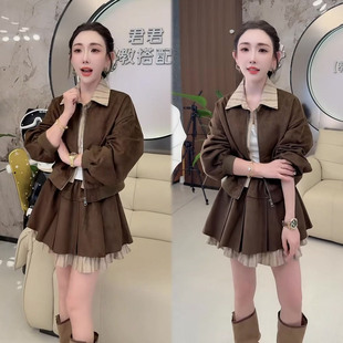 时尚女装套装2026秋季新款衬衫领夹克外套+百褶短裙时髦两件套潮