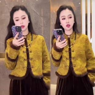 禅意风时尚套装女冬季新款国风盘扣毛毛拼接外套+高腰阔腿裤两件