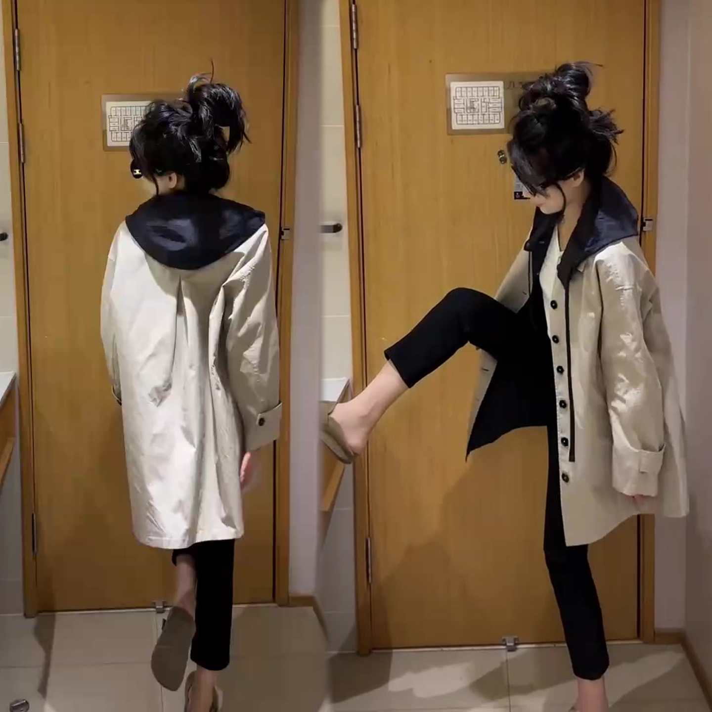 拼接撞色连帽单排扣风衣女