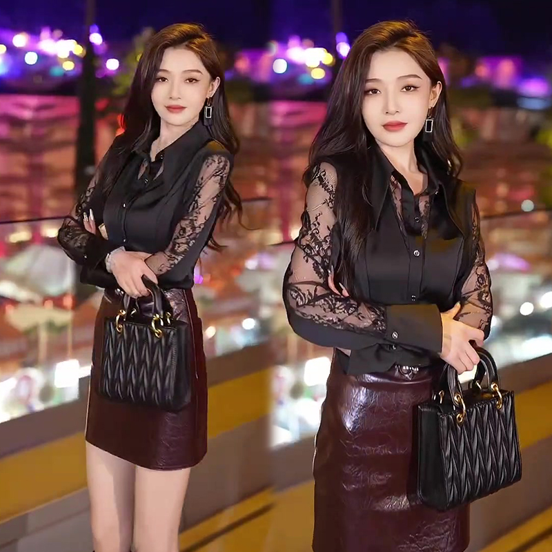 气质优雅蕾丝拼接衬衫短裙套装