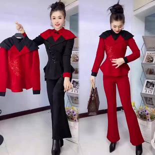 新款 女2025冬季 重工亮片盘扣立领上衣 裤 国风时尚 子两件套装 套装