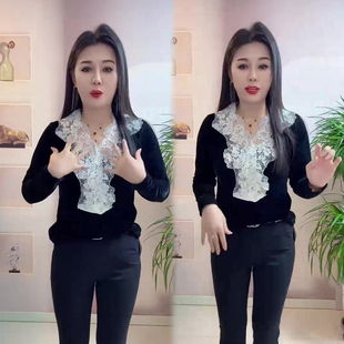 蕾丝拼接丝绒显瘦打底衫女冬季新款成熟气质欧货时尚百搭小衫上衣