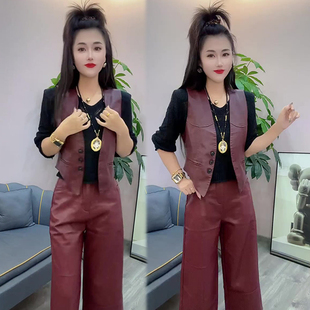 流行百搭砍袖 时尚 皮衣女洋气高级感复古PU马甲潮 新款 欧货2024秋季