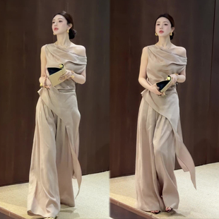 御姐气质两件套女2026春夏新款不规则无袖上衣+阔腿长裤时尚套装