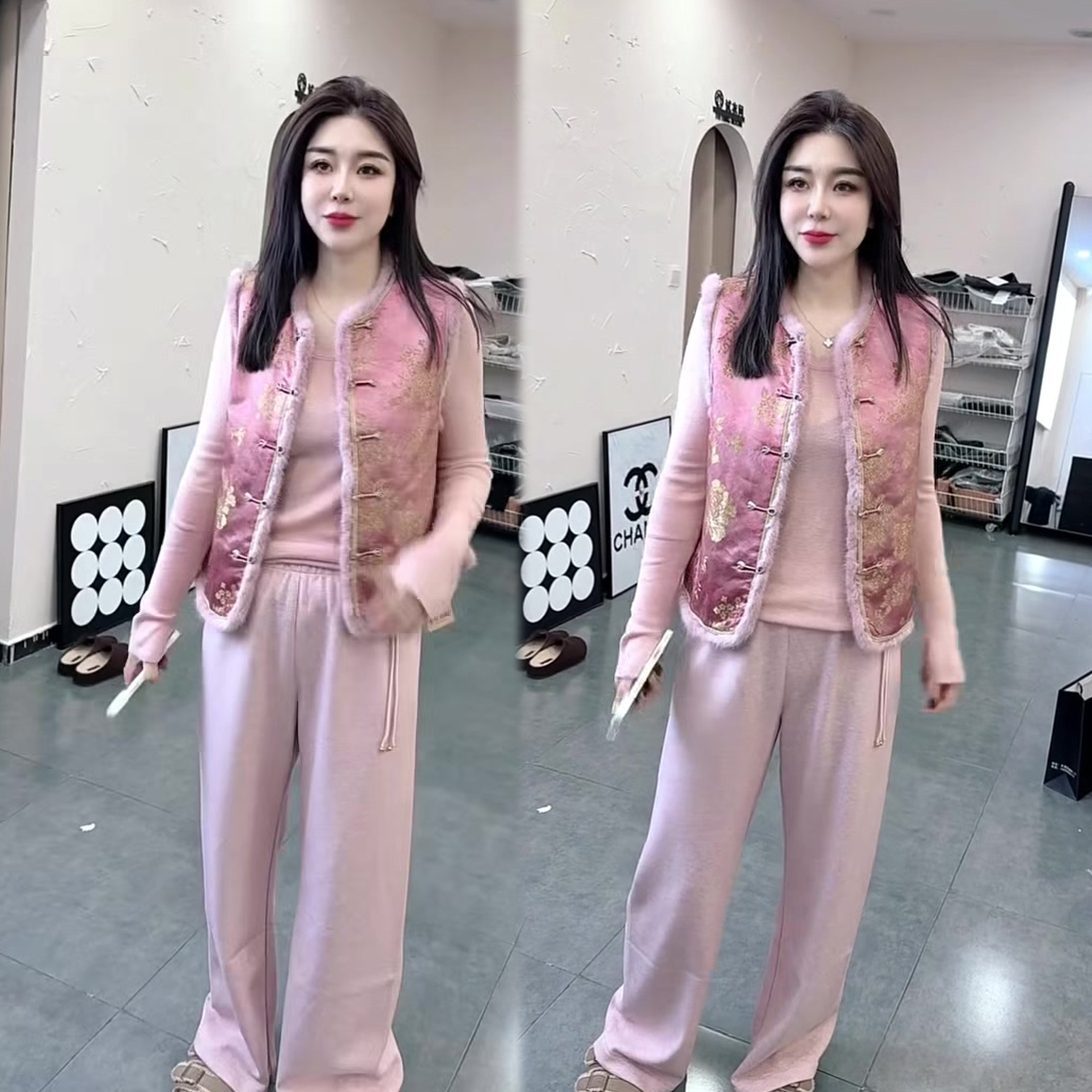 新中式时尚套装女2025冬季新款毛毛拼接盘扣马甲+打底衫+阔腿裤,女装/女士精品,时尚套装,淘宝优惠券,粉丝福利购,淘宝优惠卷