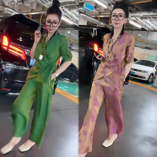 洋气百搭显瘦上衣阔腿裤 新中式 两件套 V领时尚 新款 国风套装 女夏季