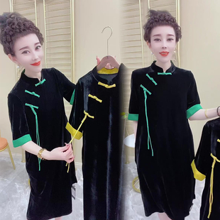 网红爆款时尚连衣裙女2022年早秋新款韩版显瘦盘扣旗袍拼接裙子潮