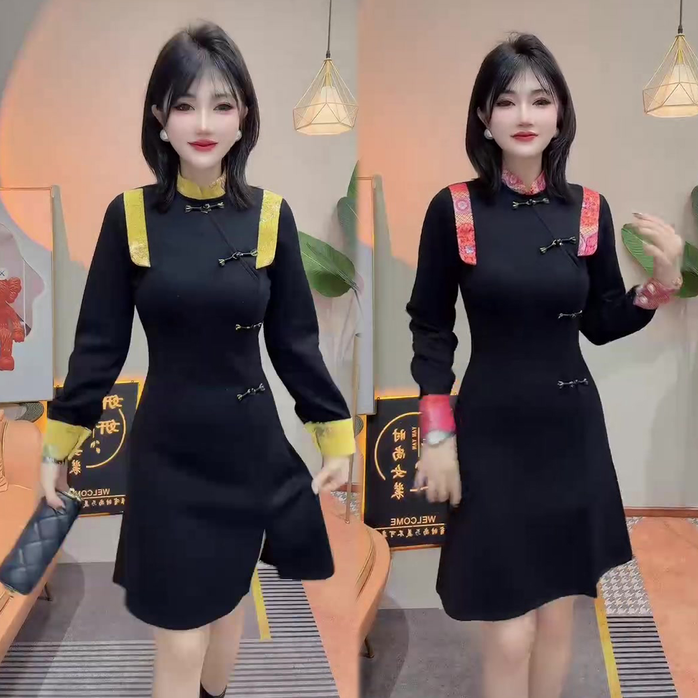 国风盘扣立领连衣裙女2025冬季新款新中式民族风女裙子显瘦中长裙