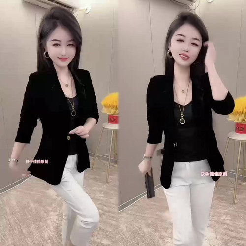 通勤百搭西装领收腰丝绒外套女