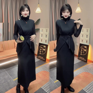 气质高街黑色高级感三件套女秋季轻薄纱网打底衫别致马甲显瘦裙子