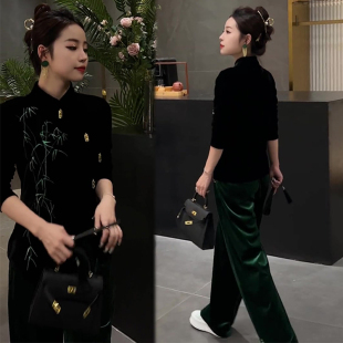 复古洋气丝绒套装女2023早秋新款时尚高级感显瘦上衣休闲裤两件套