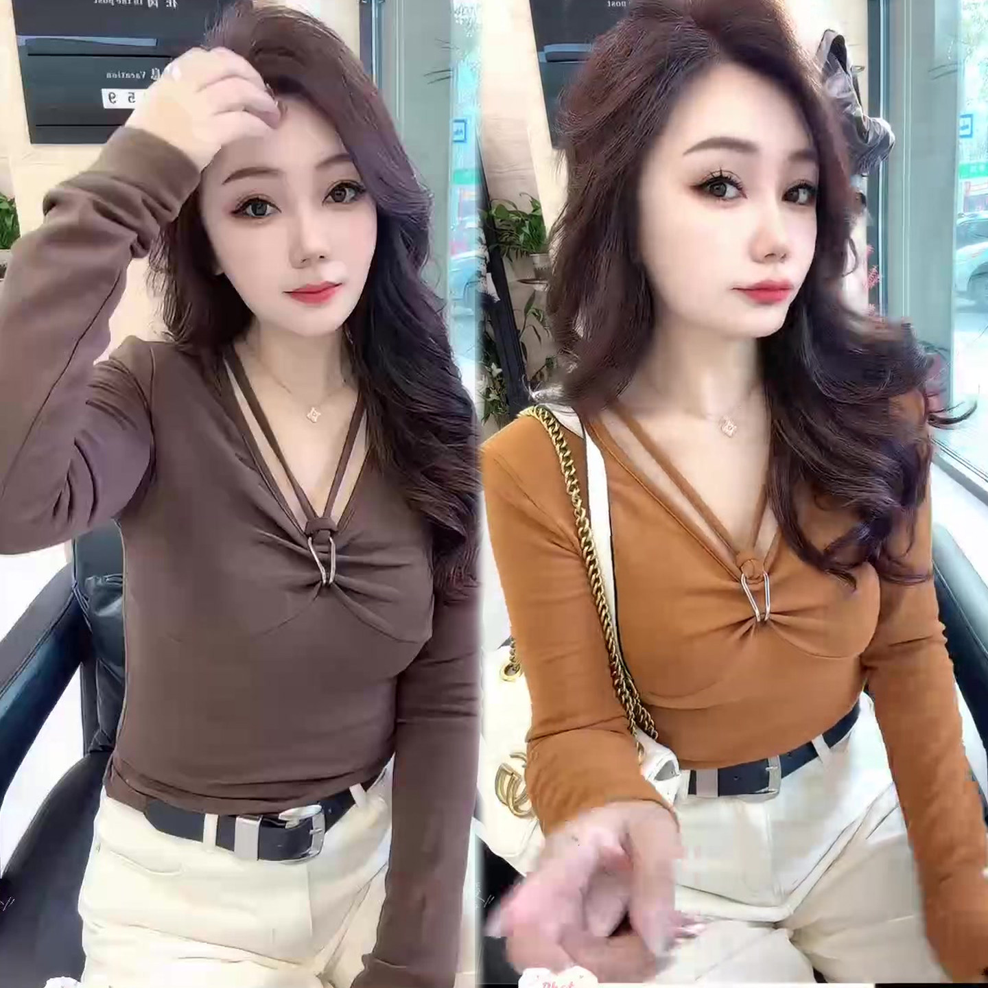V领扭结网红流行款打底衫女冬季新款修身显瘦时尚气质小衫上衣潮