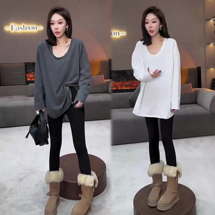 百搭洋气欧货打底衫 低圆领大版 净版 新款 上衣潮 遮肉T恤女2025冬季