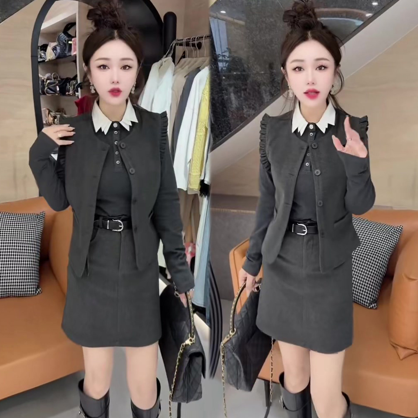 韩系减龄套装裙2026春季新款撞色翻领打底衫+菲菲边马甲+半身裙潮