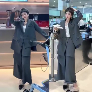 韩版气质时尚套装女2026春季新款V领西服外套+阔腿裤高级感两件套