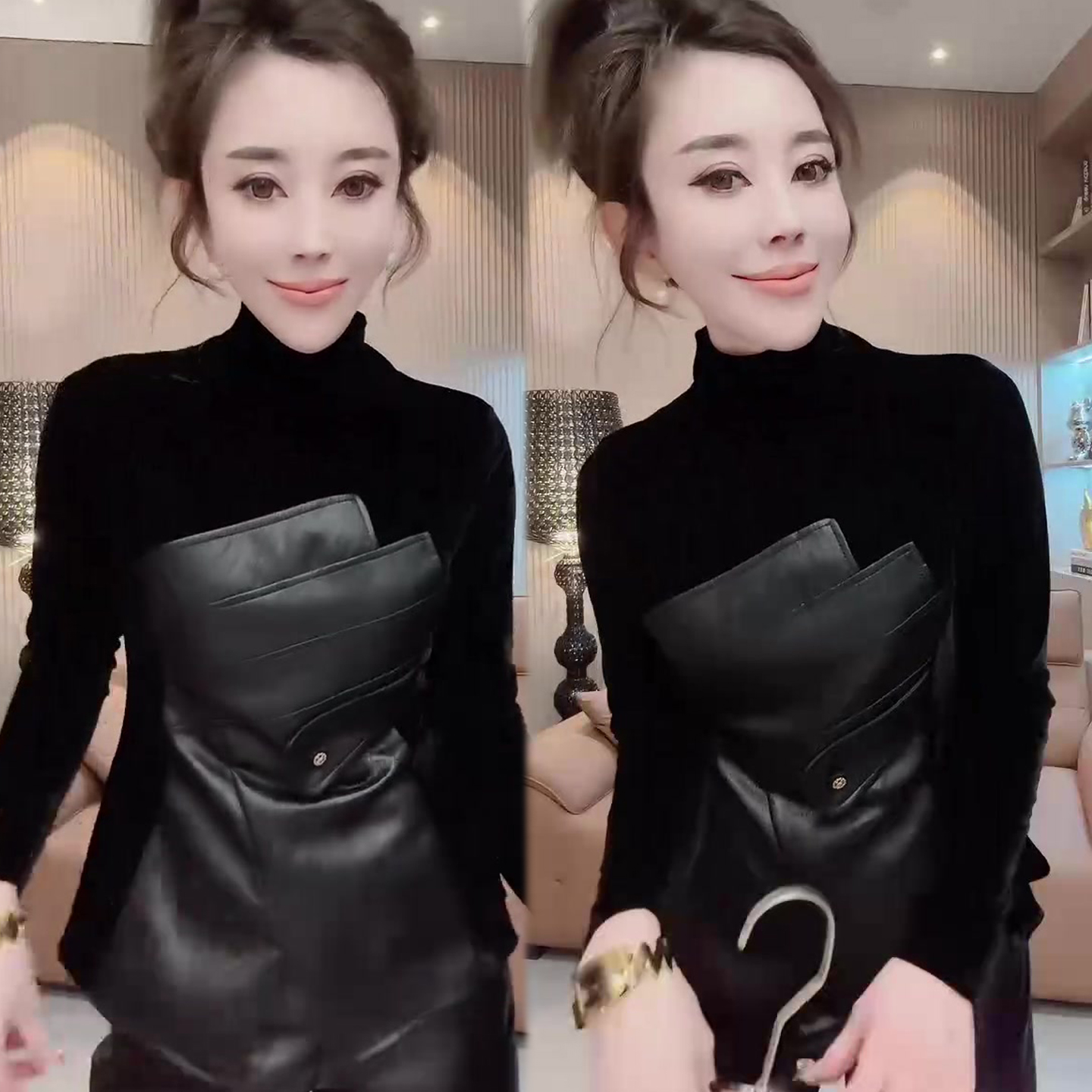 丝绒拼接PU打底衫女2025冬季新款设计感韩版洋气网红同款小衫上衣