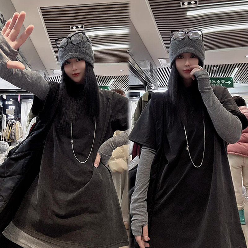 韩版时尚洋气宽松显瘦T恤衫女2024冬季新款洋气流行中长款两件套,女装/女士精品,时尚套装,淘宝优惠券,粉丝福利购,淘宝优惠卷