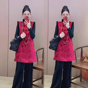 禅意风毛毛领马甲裙冬季 国风时髦洋气连衣裙女裙子显瘦中长裙 新款