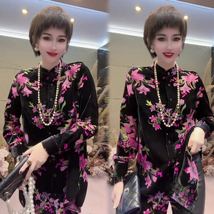 时尚复古花卉金丝绒衬衫女欧洲站2023冬季新款宽松显瘦中长款衬衣