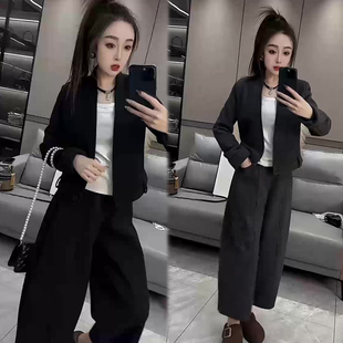 简约风韩版套装女2026春季新款时髦洋气外套+高腰阔腿裤两件套装