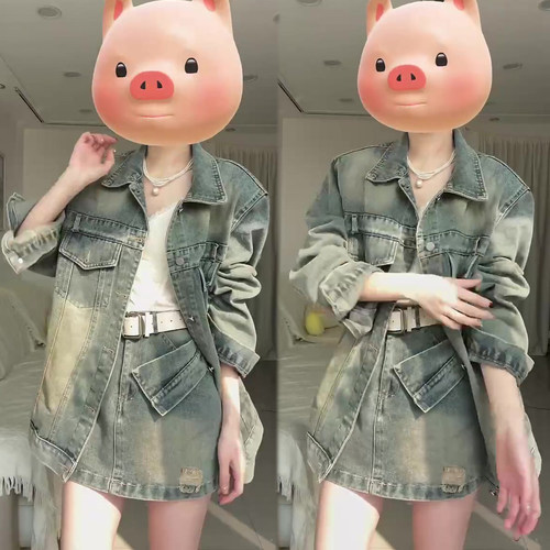 做旧美式辣妹套装女外套+A字短裙