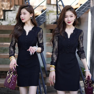 收腰欧货女神气质女裙子中长裙 新款 网纱蕾丝拼接修身 连衣裙女秋季