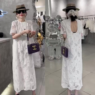 白色镂空蕾丝连衣裙女2026春夏季新款圆领短袖长裙精致显瘦女裙子