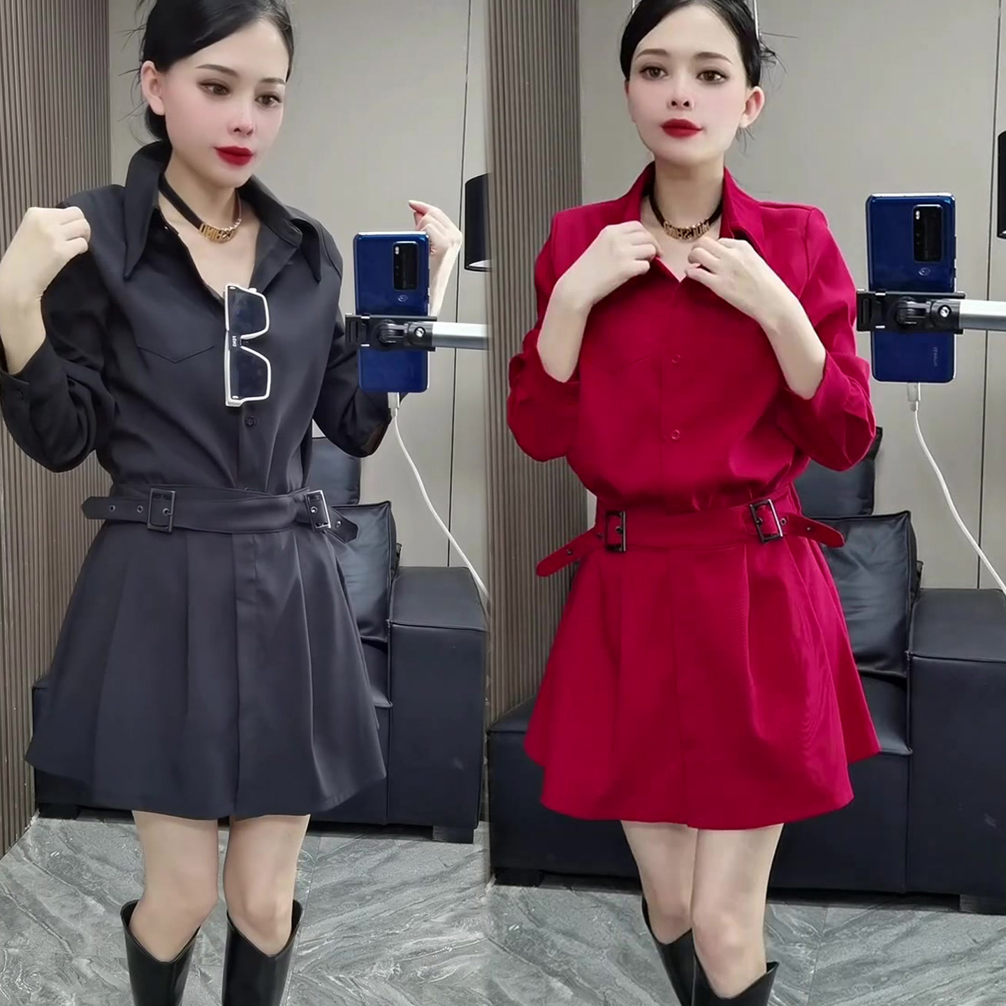 腰带翻领时髦衬衫裙女2026春季新款韩系洋气高腰显瘦连衣裙短裙子