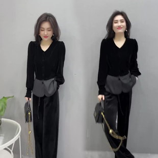 金丝绒女神范套装2025秋季新款V领拼接款上衣+裤子网爆款两件套装