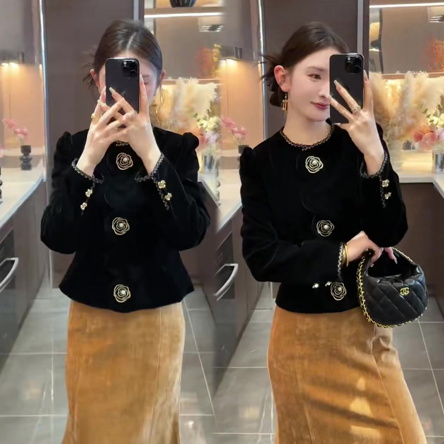 千金风减龄套装女2025秋季新款立体花法式上衣外套+包臀半裙两件