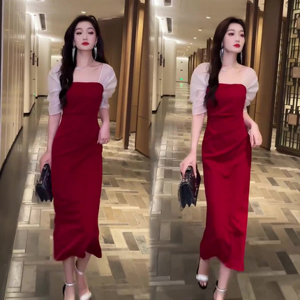 御姐风泡泡袖连衣裙女2026春夏季新款收腰显瘦气质款修身包臀长裙