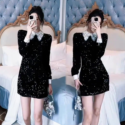 娃娃领轻奢亮片连衣裙女