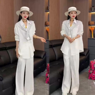 时尚韩版洋气套装女2026春季新款披肩衬衫+高腰阔腿裤两件套装潮