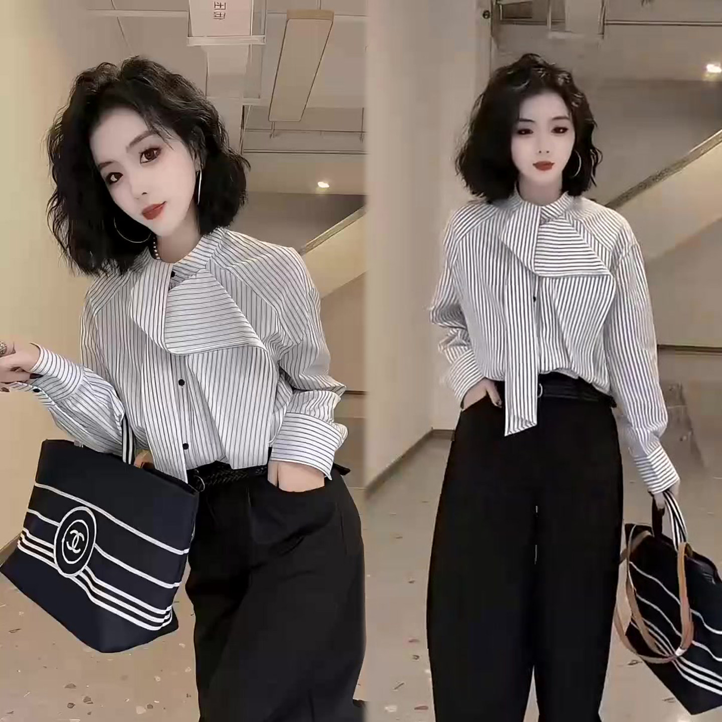 经典条纹飘带领衬衫女2026春季新款韩系宽松遮肉显瘦百搭网红上衣,女装/女士精品,衬衫,淘宝优惠券,粉丝福利购,淘宝优惠卷