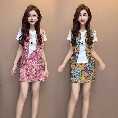 新中式国风T恤马甲短裙三件套