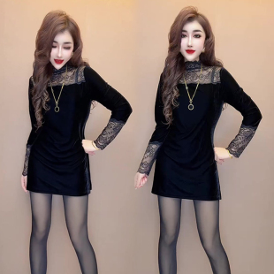 修身 新款 显瘦性感百搭短裙 蕾丝拼接丝绒连衣裙女2024冬季 欧货爆款
